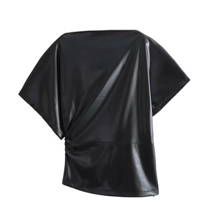 European and American Style Women's Clothing 2024 New American Trendyy Fashion Pleated Decorative Slim Fit Versatile Dropped Shoulder Sleeve Leather Top