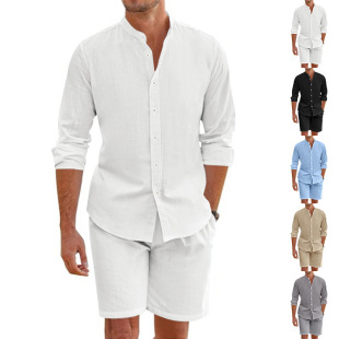 Cross-border American-style Summer Men's Loose Casual Linen Breathable Hawaiian Simple Long-sleeved Shirt Beach Short Pants Cover