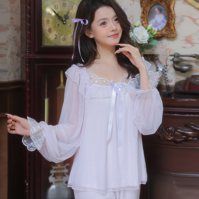 Girl's Sweet Lace Long-Sleeved Long Pants Mesh Pajamas Set Modal Princess Style Loungewear New Fairy Style