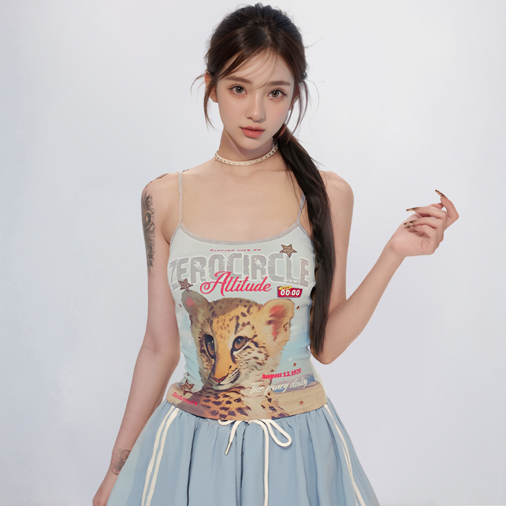 American-Style Spicy Girl Heavy-Duty Design Wild Animal Print Camisole for Women, New Summer Slim-Fit Top