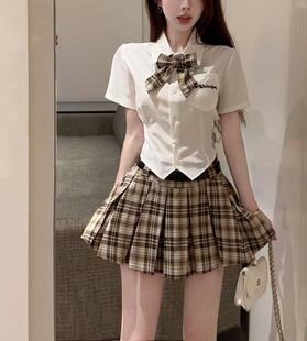 College Style Sweet Two-Piece Set for Women Pink Short-Sleeved Shirt High-Waisted Puffy Skirt Pants Jk Suit