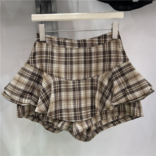 Spring and Summer 2025 New High Waist Slimming Vintage Plaid Elegant All-match Skirt Ruffled Design Short Skirt