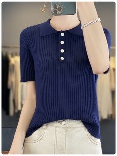 Zhao Rusi Polo Collar Lyocell Tencel Knitted Short-sleeved T-shirt Women's Summer Slim-fit Short Top