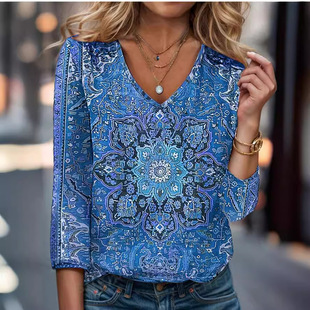 2024 Independent Station Amazon New Fashion Popular Women's 3D Butterfly Flower Long Sleeve T-Shirt V-Neck Long Sleeve