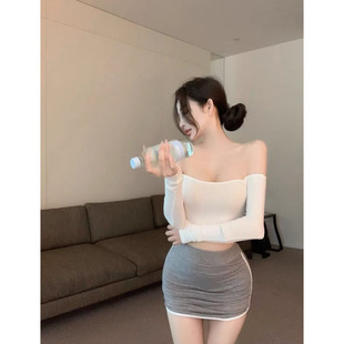 2025 Pure Desire Spice Girl Off-shoulder Short Tube Top Women's Spring White Long-sleeved T-shirt Base Shirt