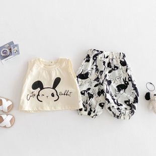 Girls' Korean-style suit 2025 New Summer Baby Sleeveless Rabbit Top Thin Full Edition Cartoon Trousers Two-piece Set