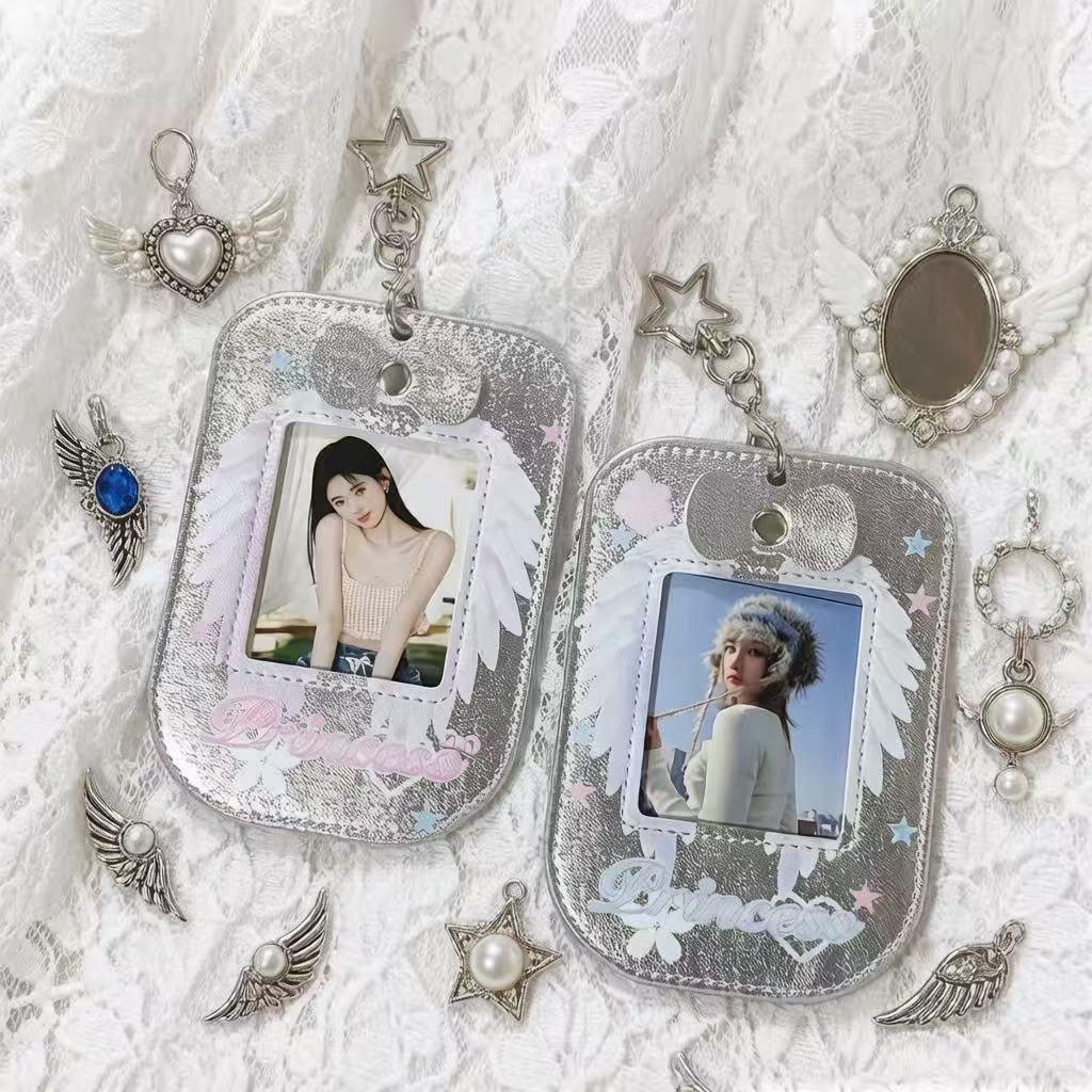 Cute Leather Angel Card Holder for Campus Cards, Meal Cards, Id Protection, Polaroid Idol Photo Display, and Hanging Accessory