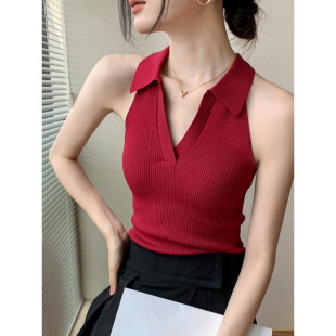 Women's Sleeveless Top with Lap Collar for Summer High-end Sense Niche Slim-fit T-shirt Sweet and Hot Neck V-neck Knitted Vest