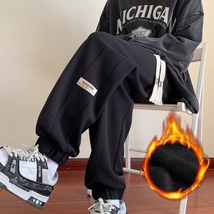 Autumn and Winter Fleece-Lining Pants Men's Fashionable Brand Loose Wide-Leg Pants 2024 New Casual Pants American Style Sports Pants
