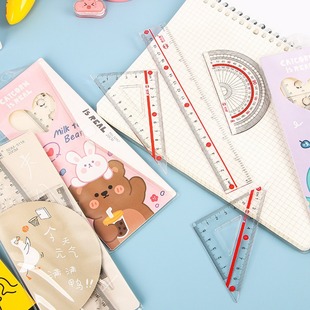 Elementary School Student Cartoon Ruler Set Four-Piece Customized Student 20cm Transparent Ruler Set Cute School Supplies Stationery