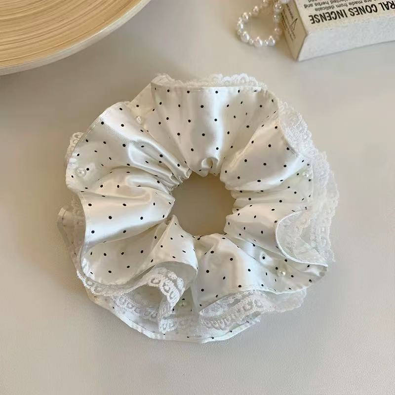 French Ballet-Style White Polka Dot Lace Scrunchie for Women, High-End Satin Hair Tie for Bun Hairstyle, Elegant Hair Accessory