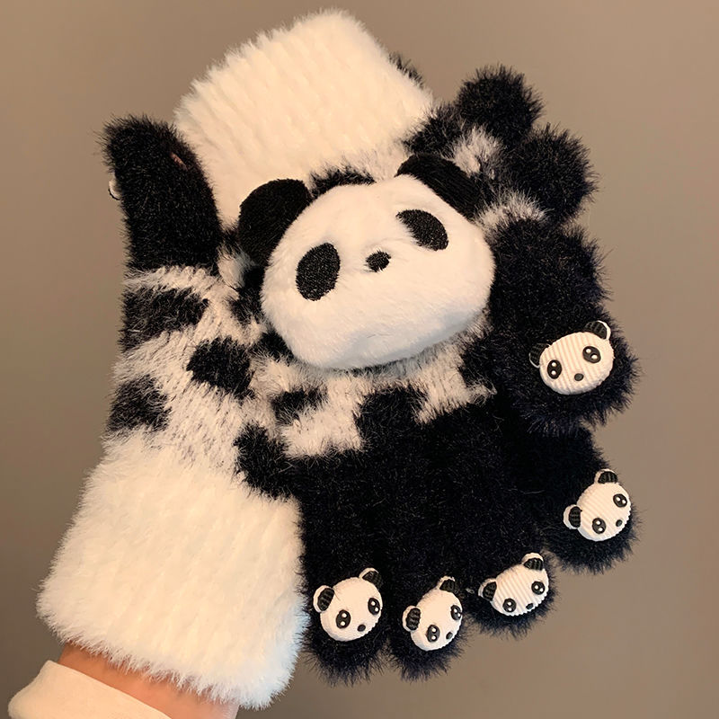 Cute Red Panda Plush Knitted Gloves for Women in Winter, Thickeneded and Warm for Students Cycling to Protect Against Cold, Touch Screen and Finger-Separated