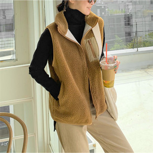 Lamb Wool Color Matching Sleeveless Vest All-match Vest Women's 2024 Autumn New Korean Version Slimming Thickened Vest