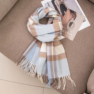 100 Pure Wool Scarf High Sense Women's Winter Korean All-match Plaid Blue Autumn and Winter Wool Shawl Wholesale