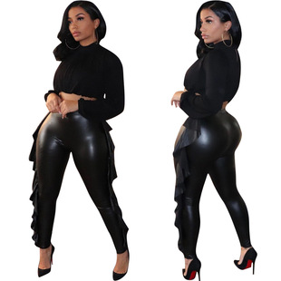 5525 cross-border Women autumn and winter New Fashion tight sexy ruffled PU leather pants high elastic leggings pants
