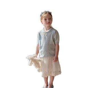 Girls' T-shirt 2025 Spring and Summer Korean Style Children's Hollow Cute Bow Knitted Shirt Baby's Round Neck Short Sleeve Top