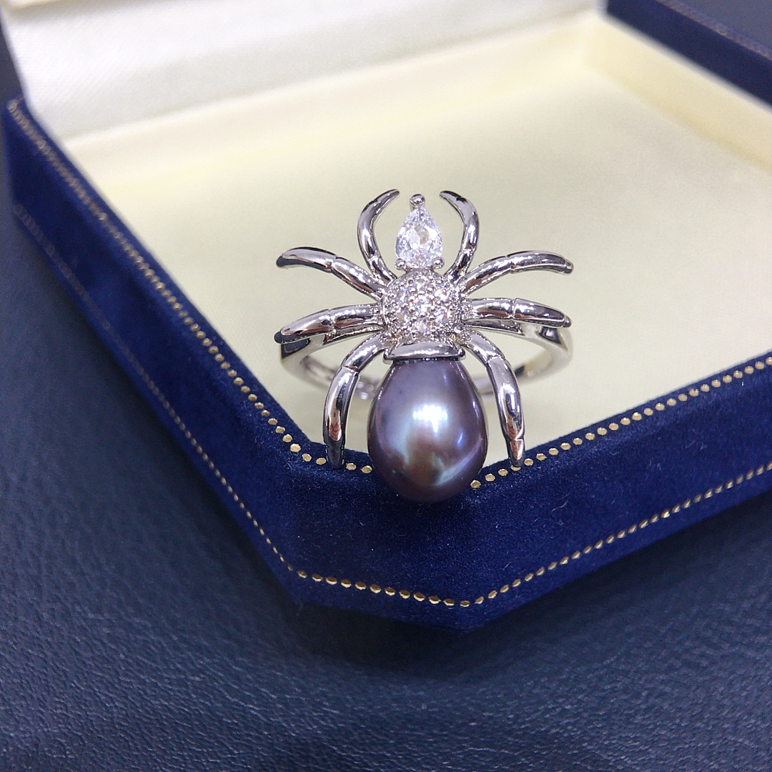 Exquisitely Crafted Aurora Natural Freshwater Pearl Ring, Vintage Punk Insect Spider Exaggerated Personality Ring Jewelry