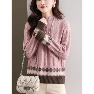 Cross-border Half-high Neck Thickened Twist Knitted Sweater Pullover Women's 2024 Winter New Loose Retro Bottoming Top