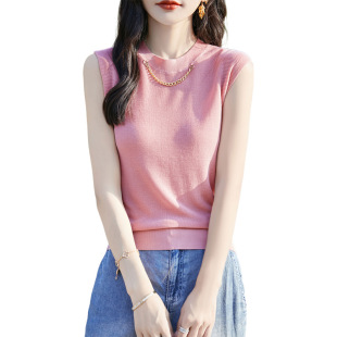 Summer New Round Neck Tencel Women's Chain Camisole Versatile Sleeveless Solid Color Pullover Knitted Base Shirt Top