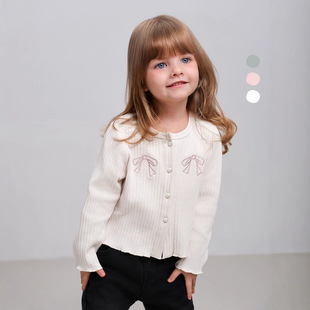 Children's 2025 Spring New Arrival Bow Pearl Sweater Girls Solid Color Sweet Cute Princess Coat
