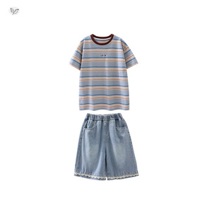 Girls Striped Short-sleeved suit 2025 New Girls Pants Summer Lace Denim Shorts Pants Two-piece Set