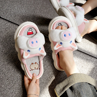 Linen slippers for women Spring and Autumn New thick bottom shit feeling indoor home mute Four Seasons cotton linen slippers summer