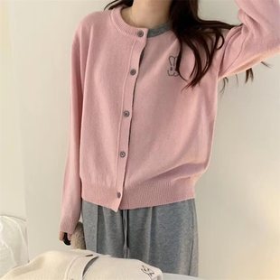Fashion Round Neck Rabbit Embroidered Knitted Cardigan Women's Spring and Autumn New Loose All-match Color Matching Age-reducing Coat Outer