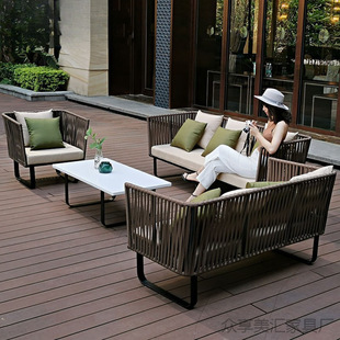 Outdoor Rattan Sofa Combination Hotel Villa Courtyard Exposed Balcony Designer Furniture Outdoor Sun Room Leisure Rattan Chair