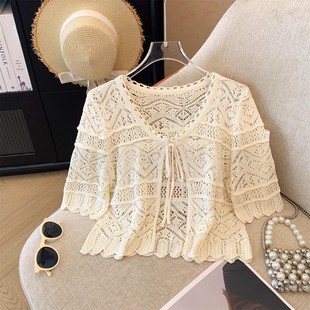 2024 Summer New Hollow Lace-up Short-sleeved Knitted Cardigan Women's Korean-style Loose Outer Shawl Top