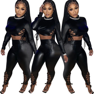 European and American Amazon New Elegant Slim-fit High Round Neck Cross Open Waist Hollow Strap PU Two-piece Suit for Women