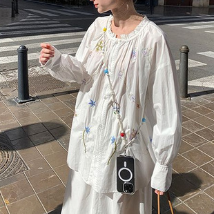 Colorful Embroidered Lace Holiday Loose French White Shirt High Waist Slimming Mid-length Skirt Two-piece Suit