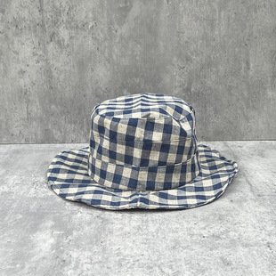 Vintage Shaped Black Rice Plaid Flat Top Linen Fisherman Hat Women's Summer Travel Sunshade Top Hat Sweet Fashion Basin Hat