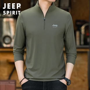 JEEP JEEP 2024 spring/summer men's long-sleeved T-shirt casual loose plus size ice silk long-sleeved stand collar neck protection T-shirt 5277
