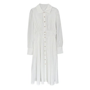 2025 spring new French gentle pleated waist slimming bubble sleeve long sleeve lapel single-breasted dress women