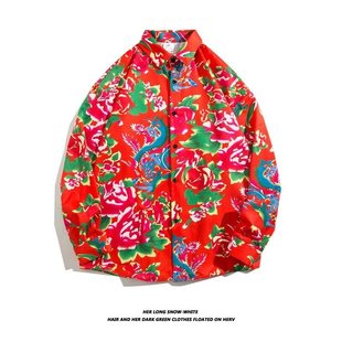 Chinese Aesthetics Hualu Top Stream Retro Northeast Big Flower Classic Red Flower Shirt Men's and Women's Couple's Long Sleeve Shirt