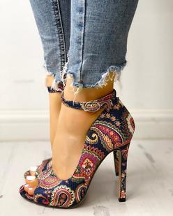Summer New Stiletto Heel Open Toe Peep Toe Women's Sandals 40-46 European and American Foreign Trade Flower Cloth Ethnic Style High Heels