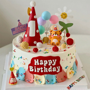 Net Red birthday hat cake decoration Red Hat 1 year old baby birthday cake card insert plug-in flag ornaments