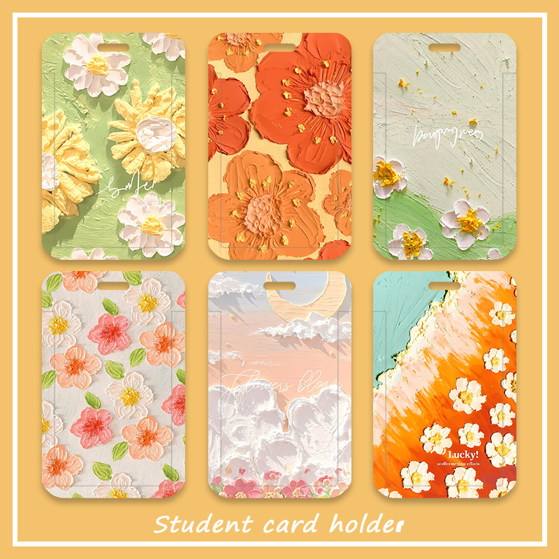 Oil painting flower landscape simple card holder suitable for students campus meal card bus card kindergarten shuttle hard case card holder