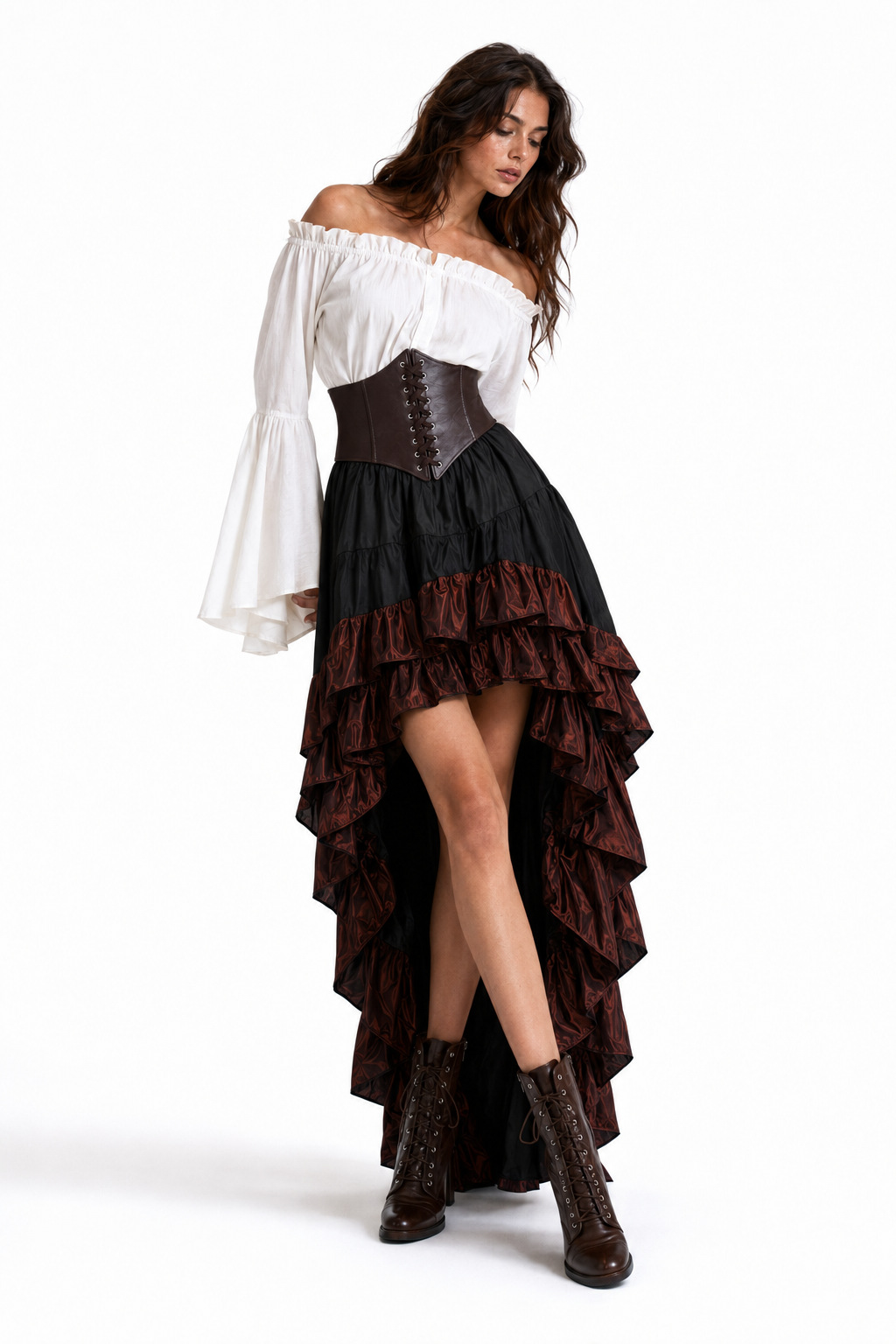 Halloween Medieval Retro Pirate Skirt Captain's Ruffled Waist-Cinched Long Skirt Court Dress Three-Piece Set