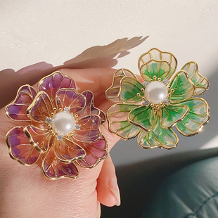 Qianyu Silver Japanese oil painting enamel Lotus brooch Hong Kong style age sense double-layer three-dimensional flower pin hot sale