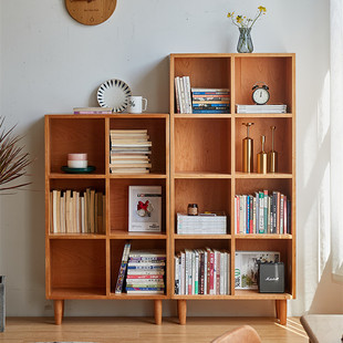 Solid Wood Bookshelf Nordic Display Storage Rack White Oak Cherry Living Room Japanese Style Study Floor Toy Storage Plaid Cabinet