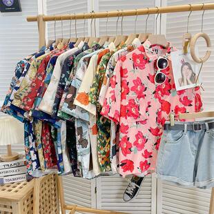 Summer new Hong Kong style retro loose design fashion brand women's niche chic floral short sleeve shirt top thin