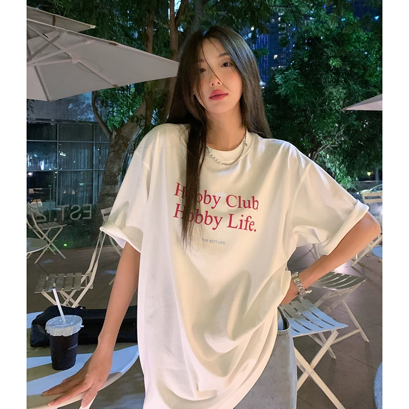 여성용 여름 반팔 티셔츠, 순면, 중간 길이, 루즈한 여성용 한국 스타일 2025 프린트 라운드 넥 탑, 캐주얼하고 다용도