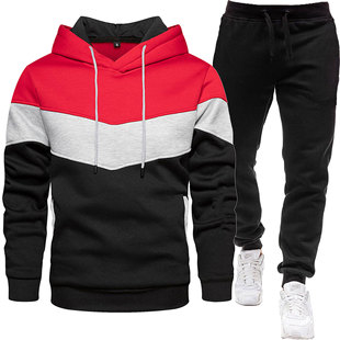 2024 Cross-border Export Men's Sports Suit Fashionable and Casual Spring and Autum Spliced Hooded Sweatshirt and Pants Two-piece Set