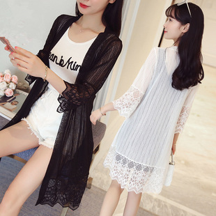 Sun protection clothing for women 2021 spring/summer mid-length see-through lace shirt cardigan bell sleeve stitching loose thin coat shawl