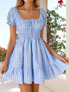 Independent station European and American women's plaid tight waist large swing skirt 2025 new square collar short sleeve plaid high waist dress