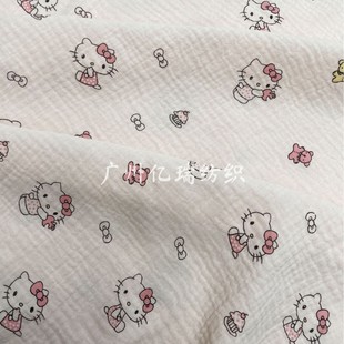 Cotton Double-layer Hello kiki Cat Print Crepe Baby Gauze Yuezi Home Dress Nightdress Fabric