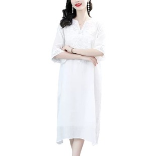 Ramie Embroidered Dress Women's 2024 Summer New Retro Artistic Large Size Loose Slimming Midi Dress