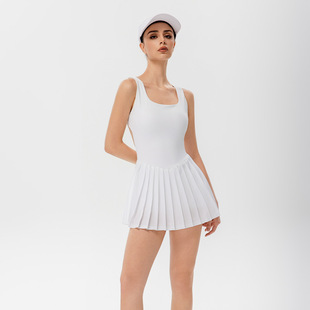 Cross-border New White Backless Pleated Tennis Skirt Women's Outdoor Sports Anti-slip Skirt Quick-drying Breathable Fitness Wear