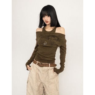 Official figure #1*1 casual 260g shoulder-exposed hot American short coat long sleeve T-shirt design slim fit women